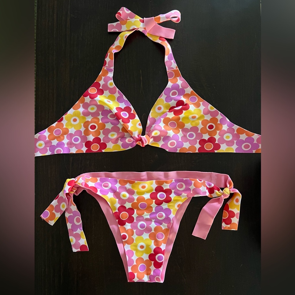 Brazilian Reversible Bikini with 70s Retro Floral Print